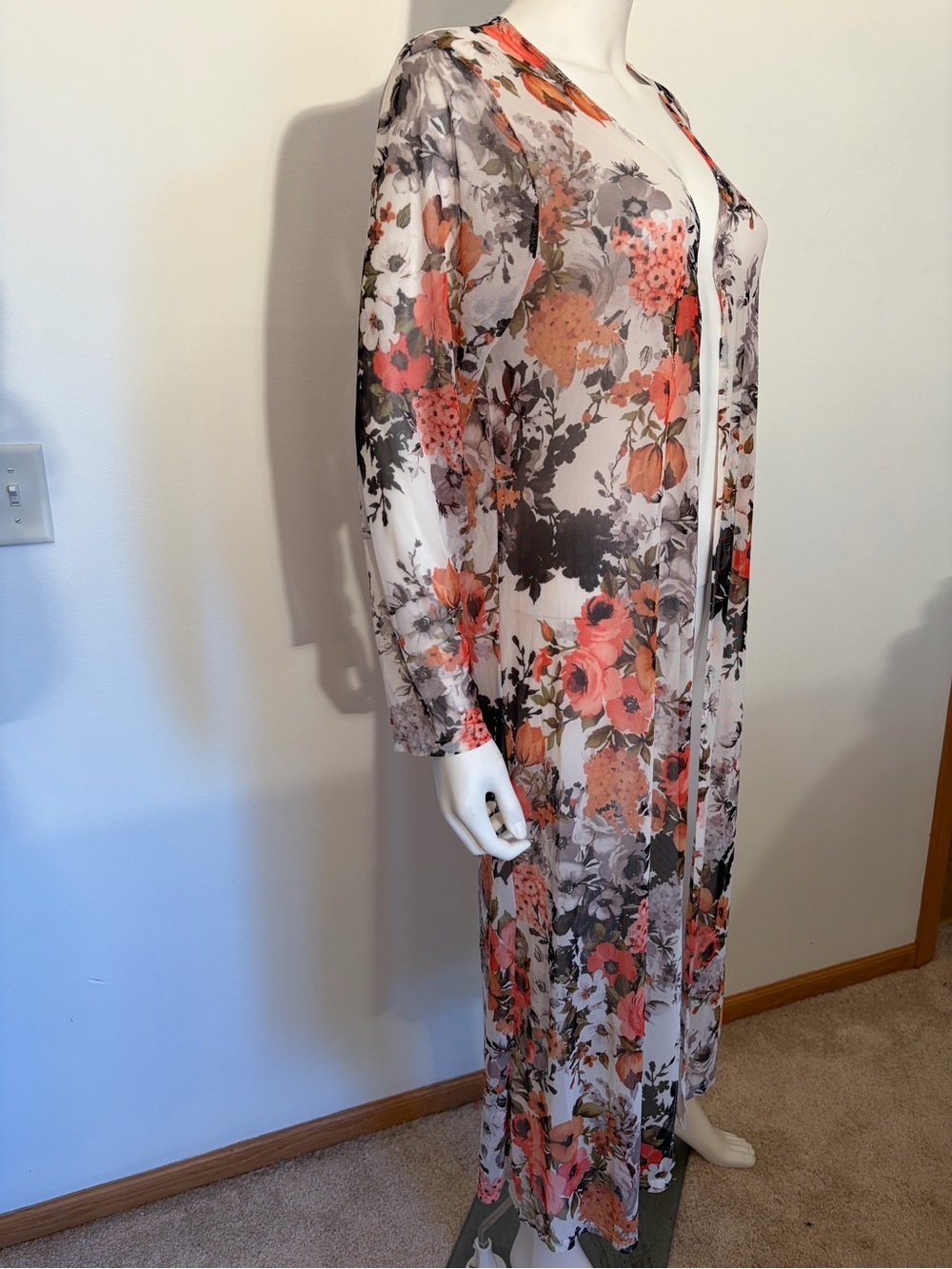 #812 Sheer Floral Duster/Cardigan- Coral, Gray and cream Long Cardigan